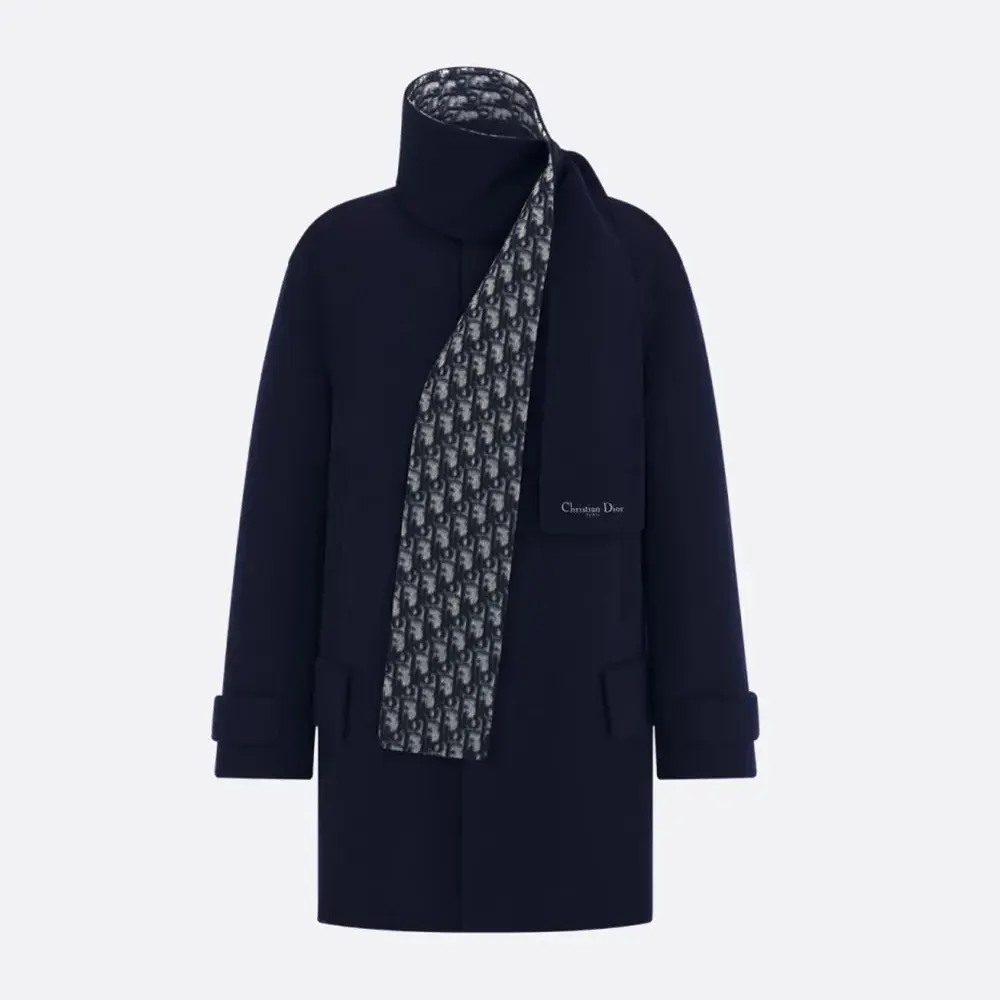 Dior Women Coat with Scarf Collar Navy Blue Double-Sided Virgin Wool and Silk