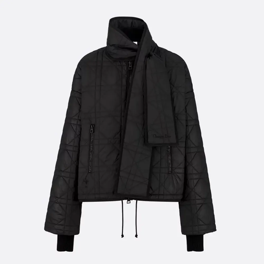 Dior Women Macrocannage Coat with Scarf Collar Black Quilted Technical Taffeta