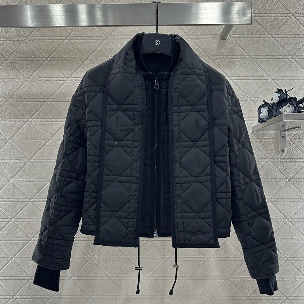 Dior Women Macrocannage Coat with Scarf Collar Black Quilted Technical Taffeta