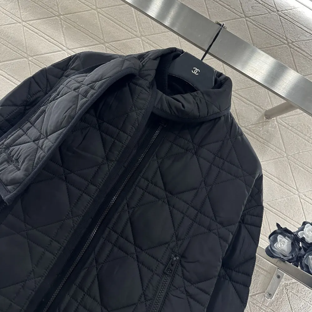 Dior Women Macrocannage Coat with Scarf Collar Black Quilted Technical Taffeta