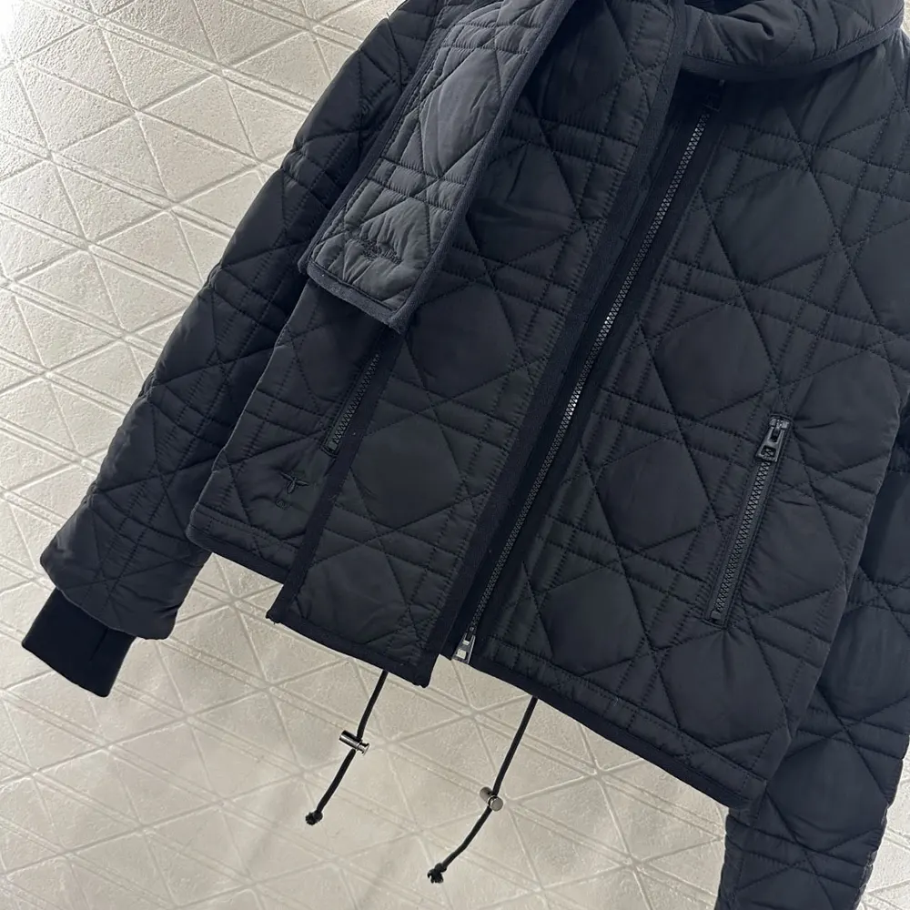 Dior Women Macrocannage Coat with Scarf Collar Black Quilted Technical Taffeta