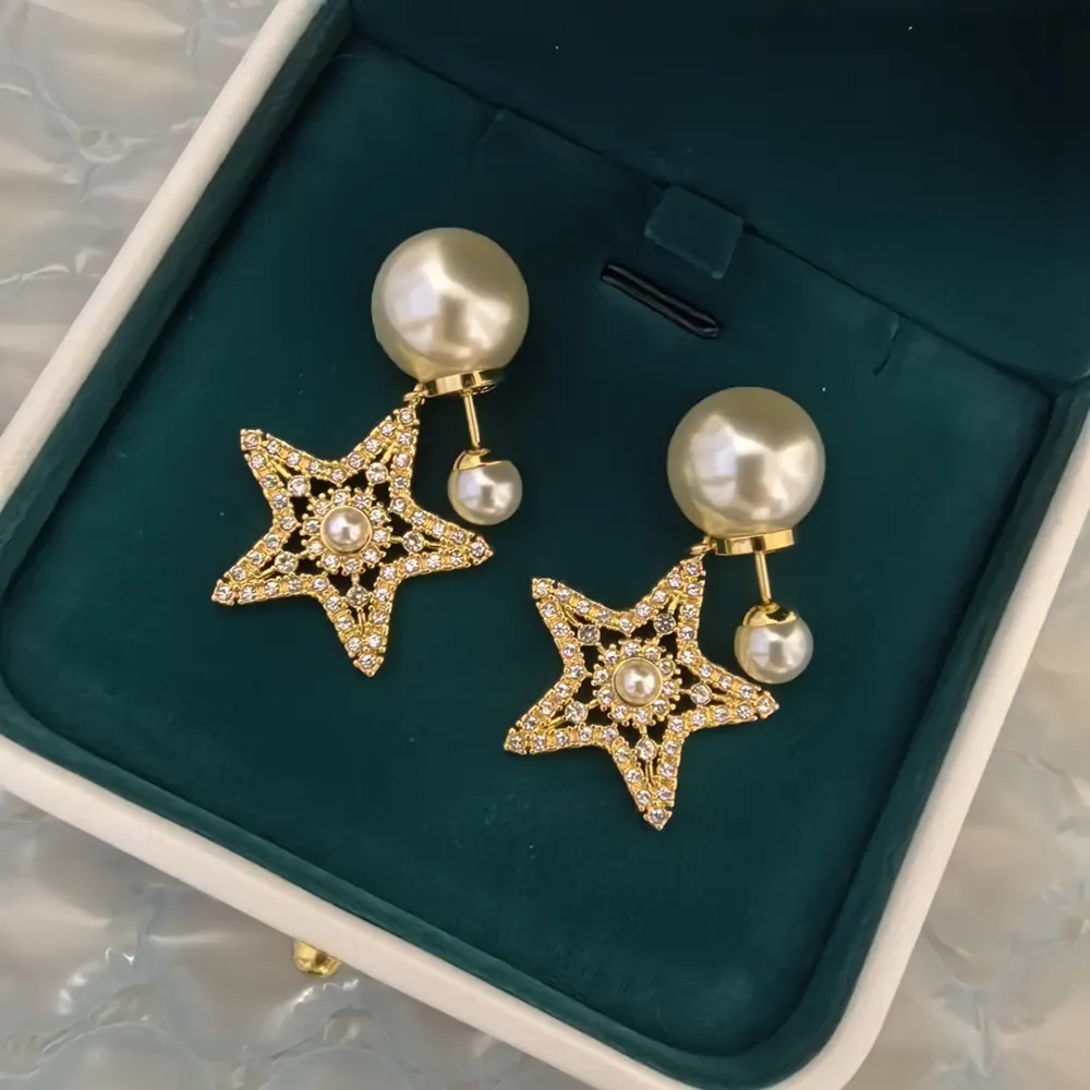Dior Women Tribales Earrings Pale Gold-Finish Metal White Resin Pearls and Silver-Tone Crystals