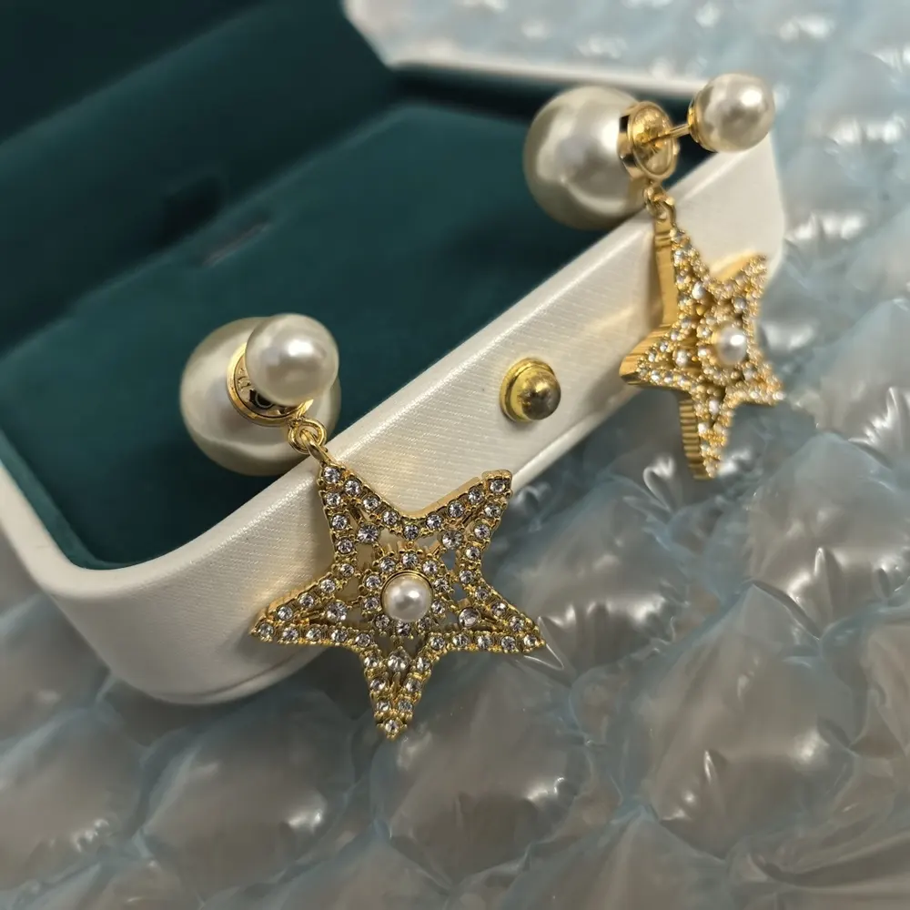 Dior Women Tribales Earrings Pale Gold-Finish Metal White Resin Pearls and Silver-Tone Crystals