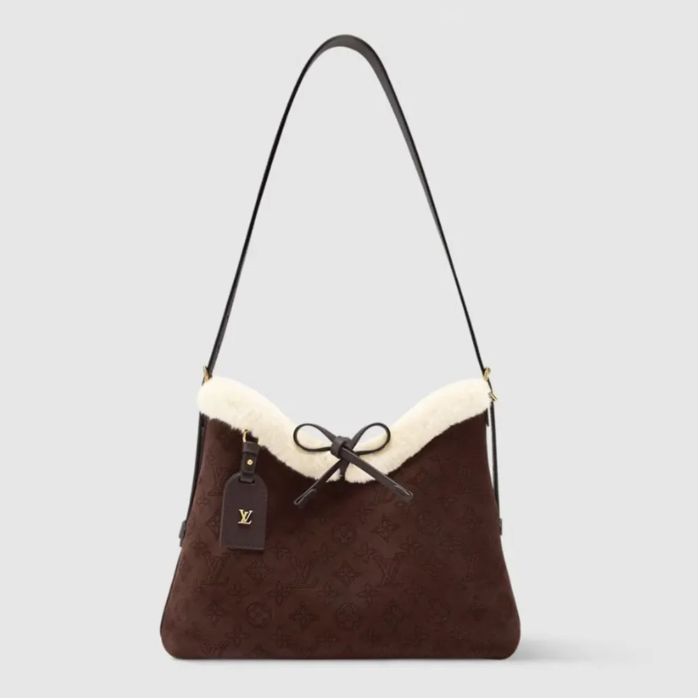 Louis Vuitton LV Women CarryAll PM Suede Calfskin Leather and Shearling-Chocolate