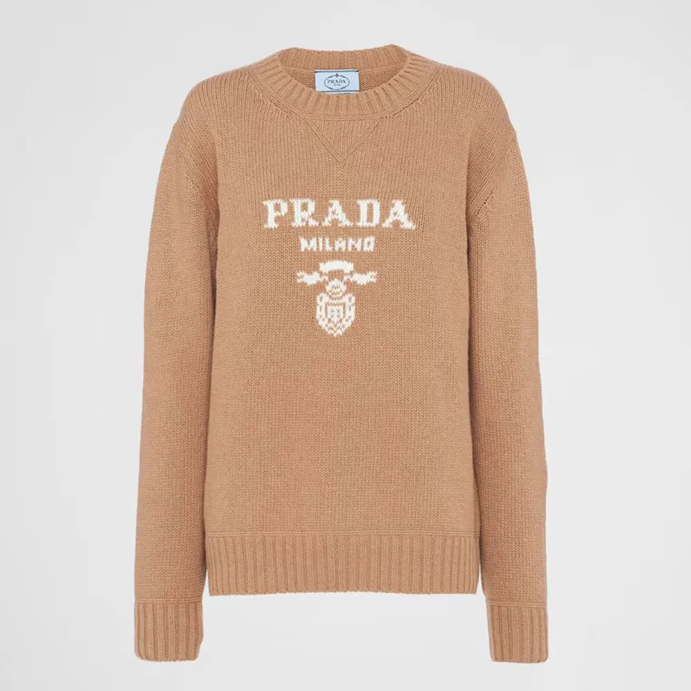 Prada Women Cashmere And Wool Prada Logo Crew-Neck Sweater-Camel Brown