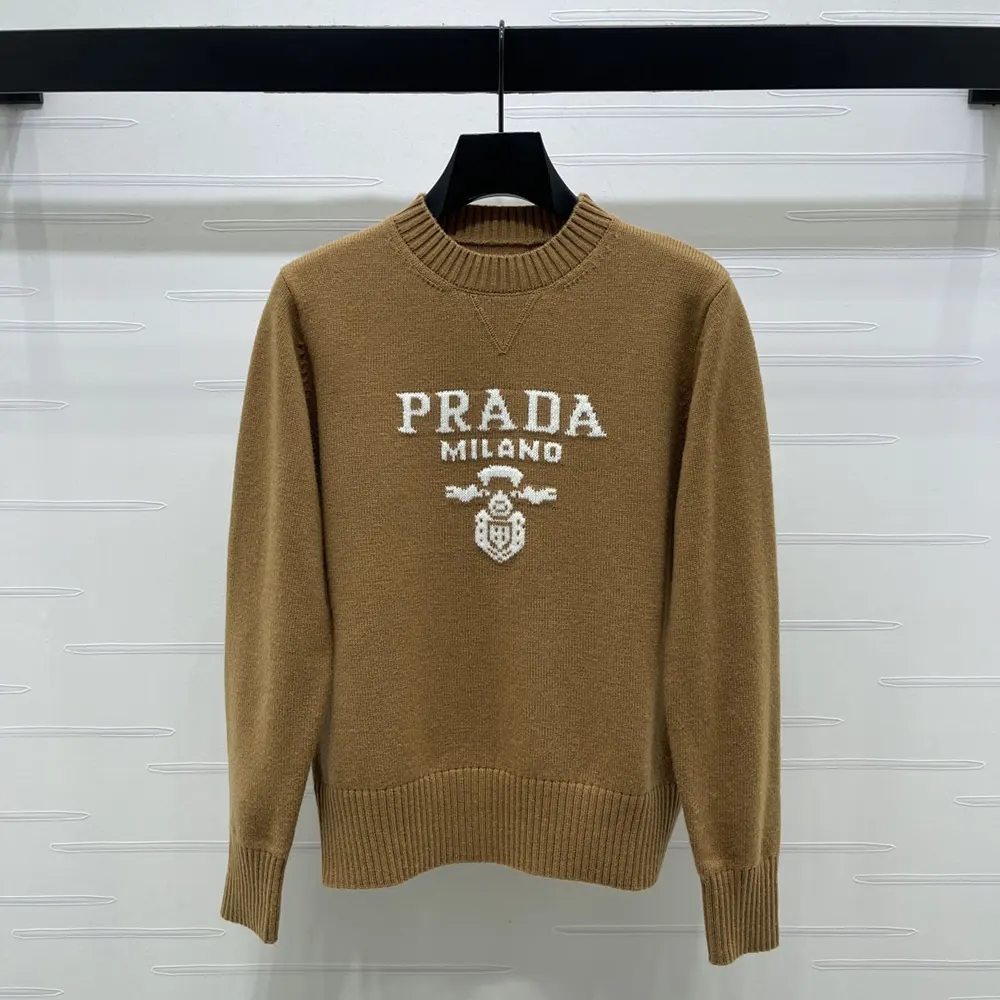 Prada Women Cashmere And Wool Prada Logo Crew-Neck Sweater-Camel Brown