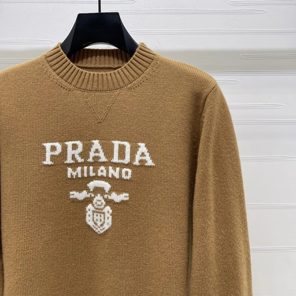 Prada Women Cashmere And Wool Prada Logo Crew-Neck Sweater-Camel Brown