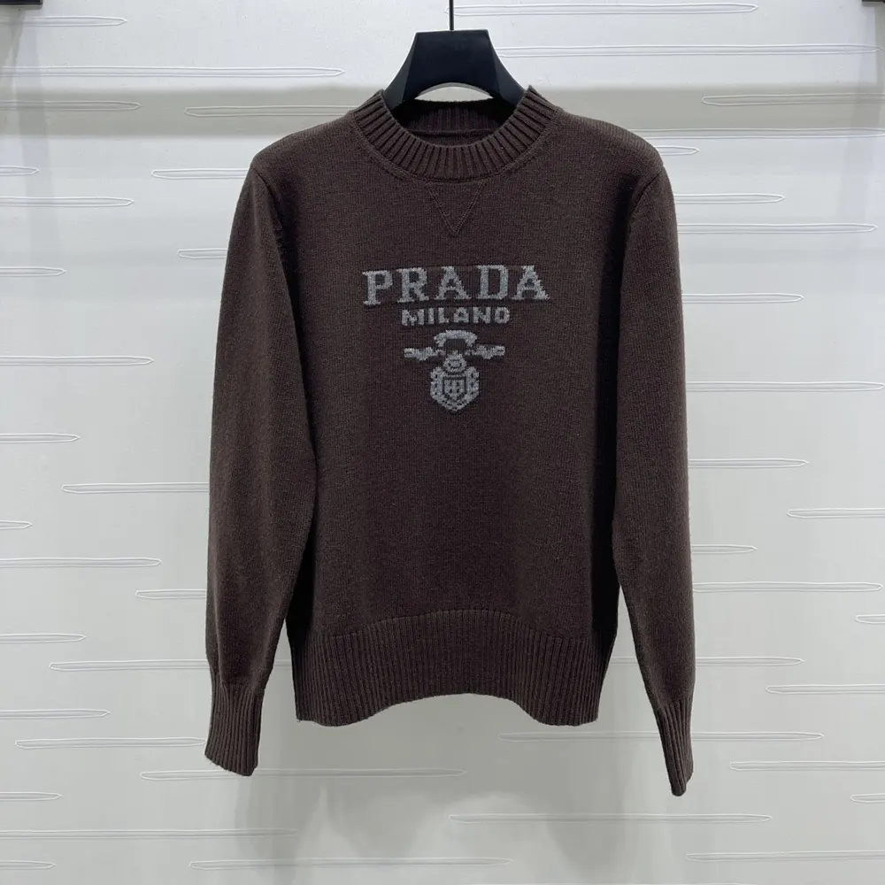 Prada Women Cashmere And Wool Prada Logo Crew-Neck Sweater-Dark Brown