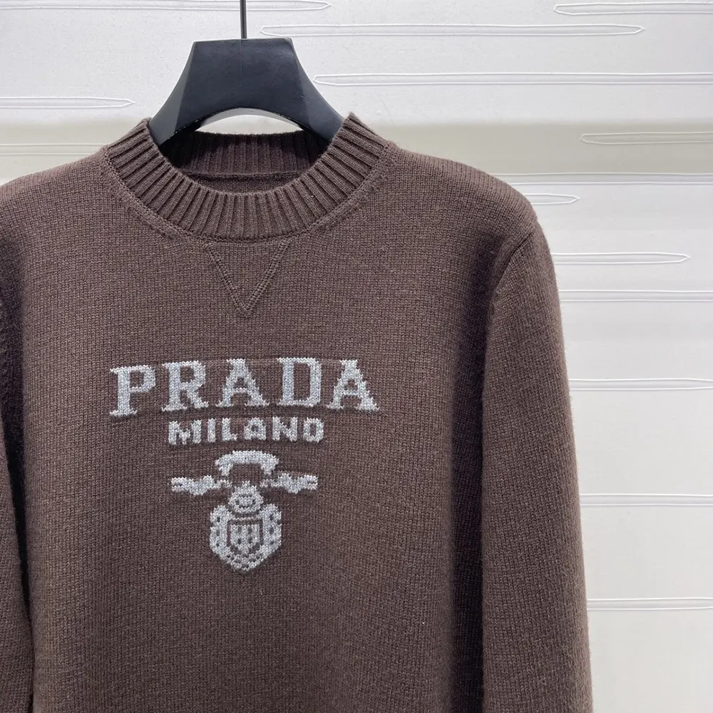 Prada Women Cashmere And Wool Prada Logo Crew-Neck Sweater-Dark Brown