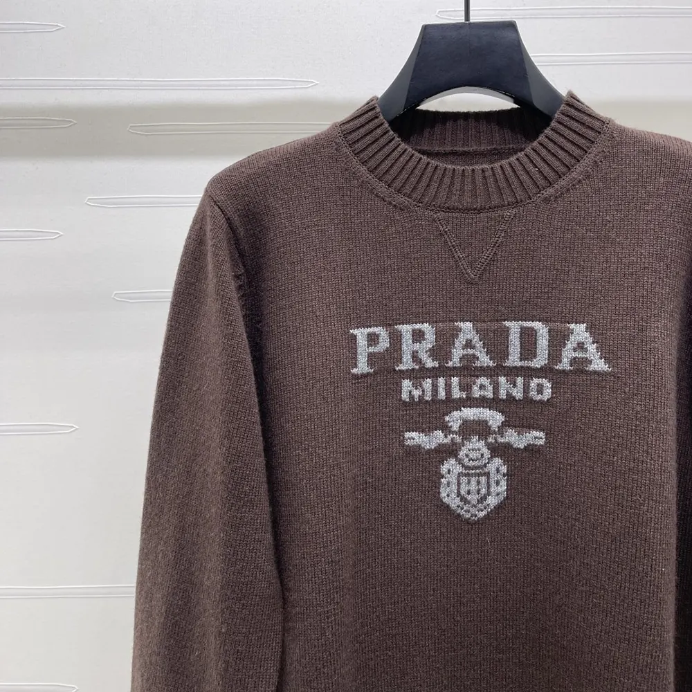 Prada Women Cashmere And Wool Prada Logo Crew-Neck Sweater-Dark Brown