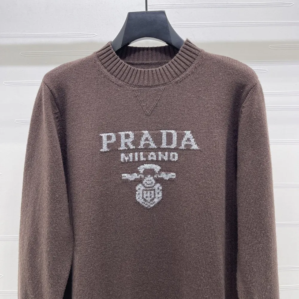 Prada Women Cashmere And Wool Prada Logo Crew-Neck Sweater-Dark Brown