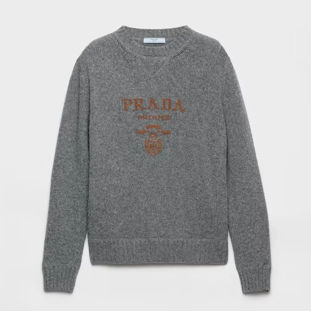 Prada Women Cashmere and Wool Prada Logo Crew-neck Sweater-Slate Gray