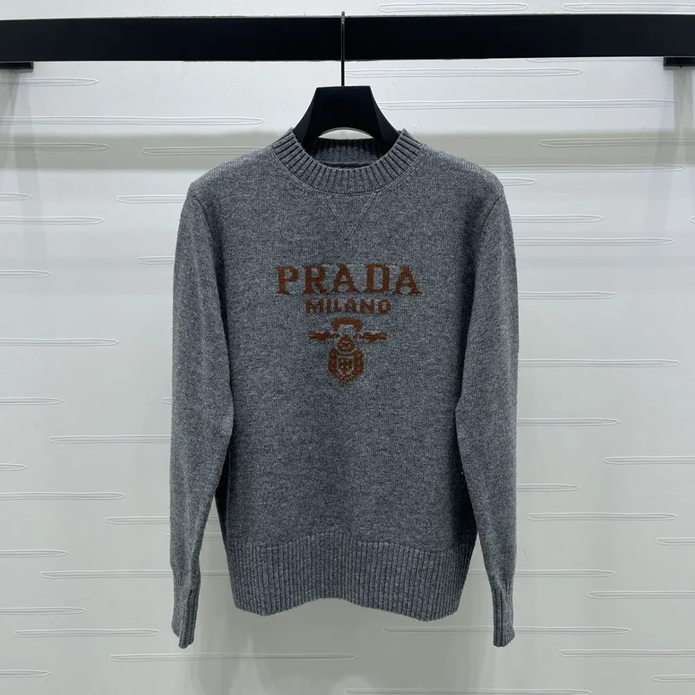 Prada Women Cashmere and Wool Prada Logo Crew-neck Sweater-Slate Gray