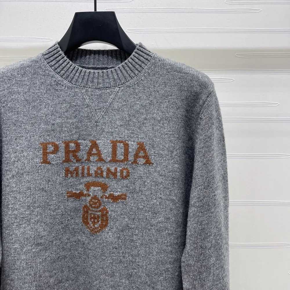 Prada Women Cashmere and Wool Prada Logo Crew-neck Sweater-Slate Gray - Image 4