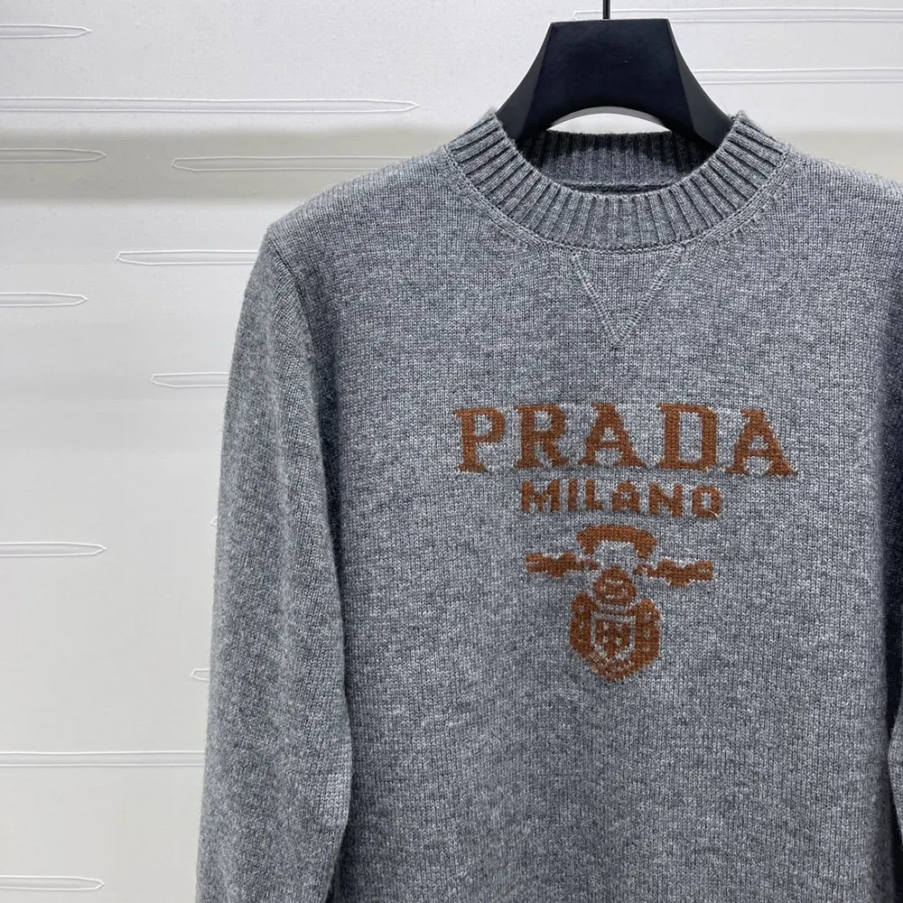 Prada Women Cashmere and Wool Prada Logo Crew-neck Sweater-Slate Gray - Image 5