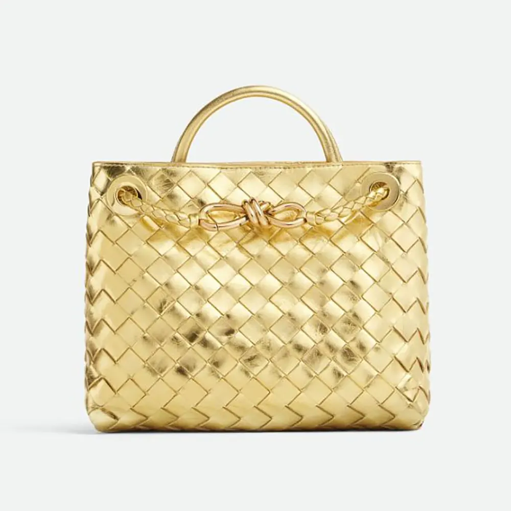 Bottega Veneta Women Small Andiamo Handle Bag in Intrecciato Leather-Gold