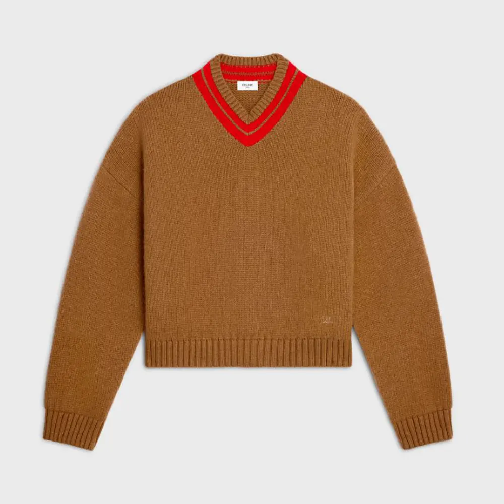 Celine Women V-Neck Sweater in Cashmere-Brown RY0RC0V09