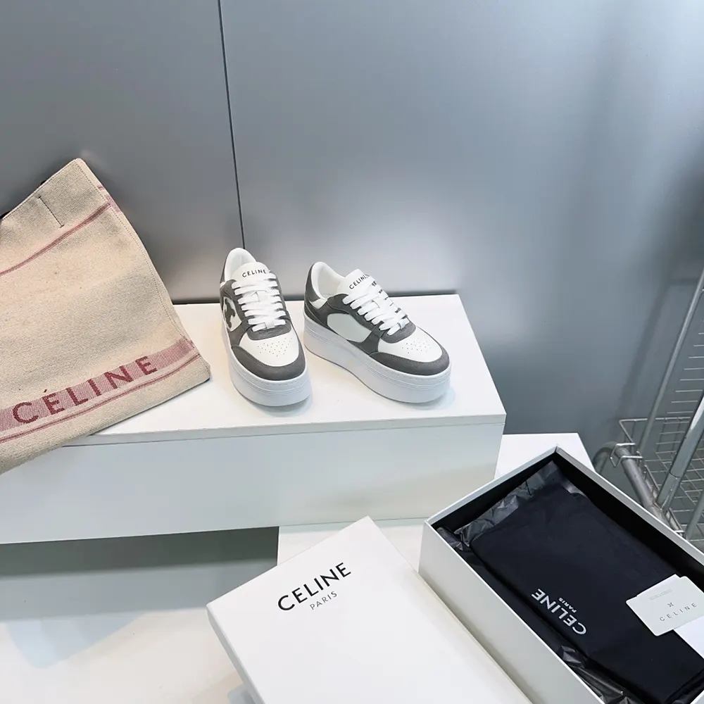 Celine Women Block Wedge Sneaker With Triomphe Patch In Calfskin And Suede Calfskin-Gray