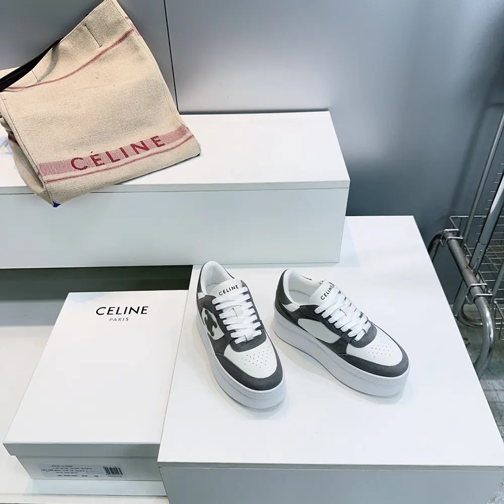 Celine Women Block Wedge Sneaker With Triomphe Patch In Calfskin And Suede Calfskin-Gray