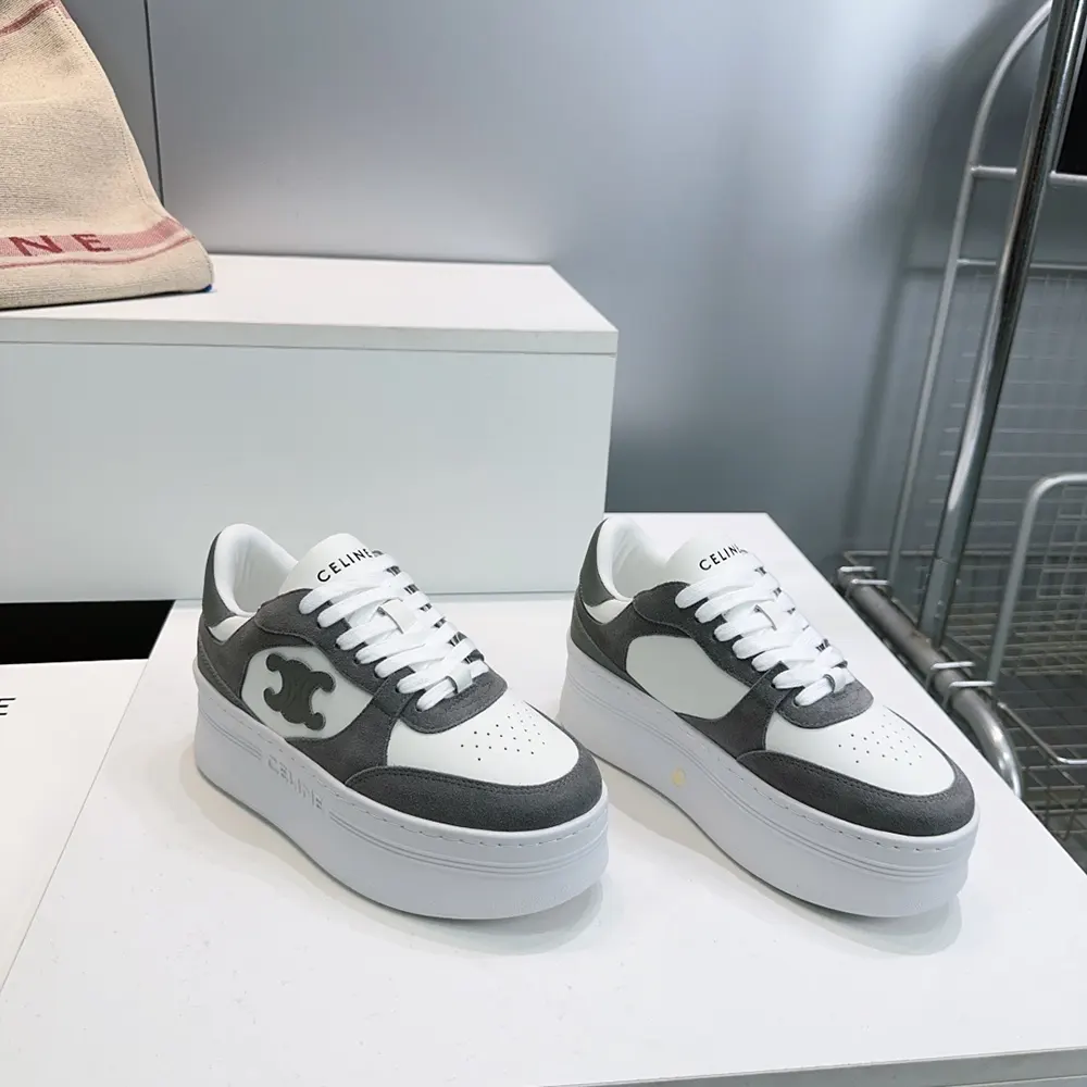 Celine Women Block Wedge Sneaker With Triomphe Patch In Calfskin And Suede Calfskin-Gray