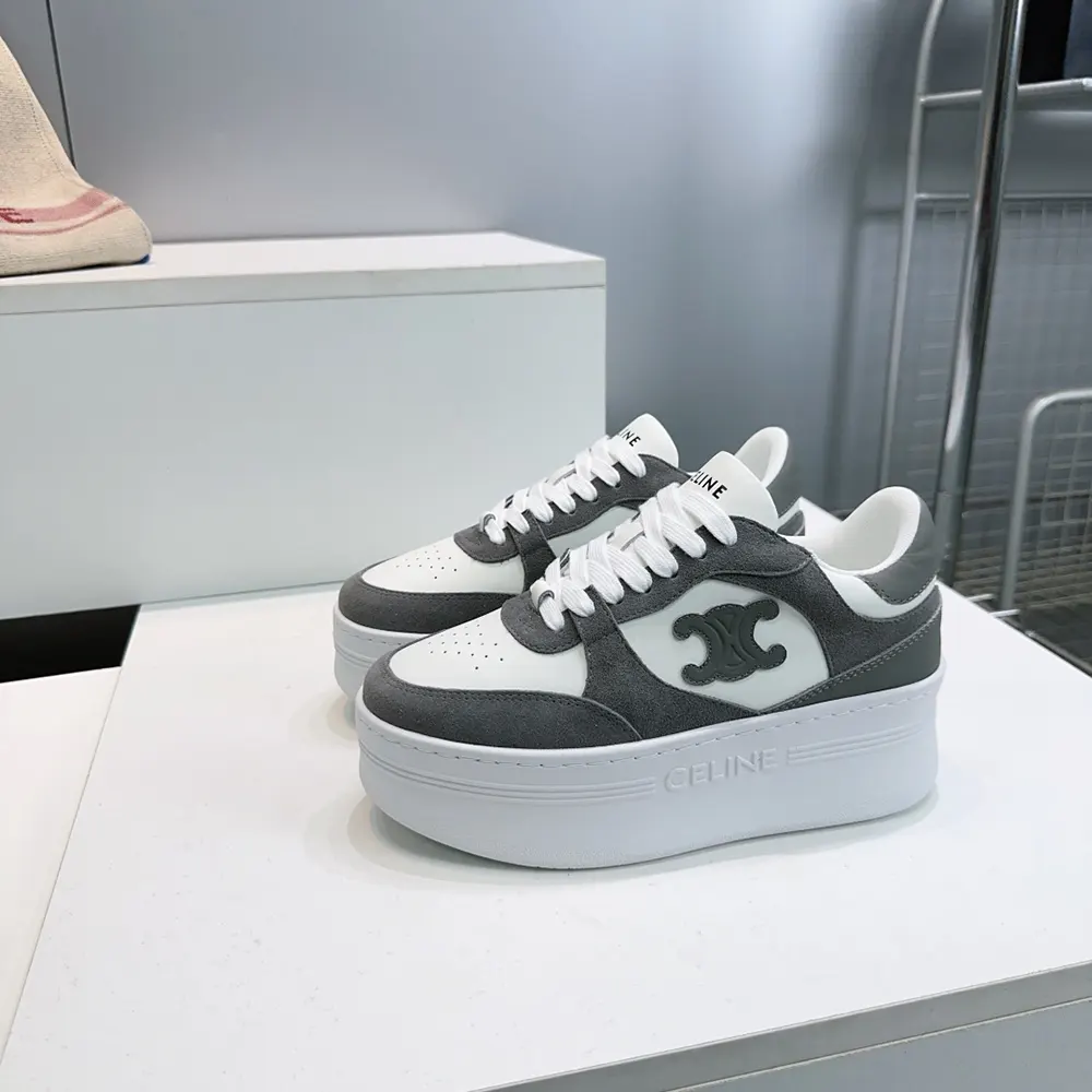 Celine Women Block Wedge Sneaker With Triomphe Patch In Calfskin And Suede Calfskin-Gray