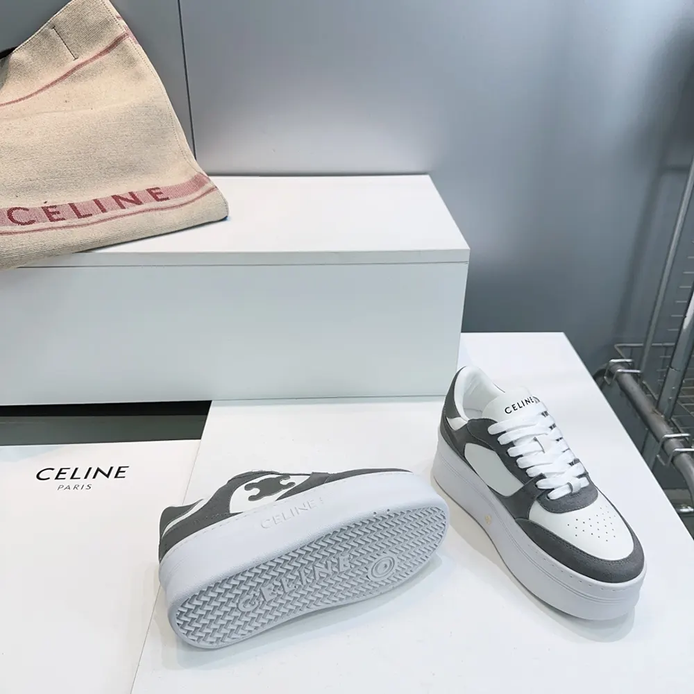 Celine Women Block Wedge Sneaker With Triomphe Patch In Calfskin And Suede Calfskin-Gray