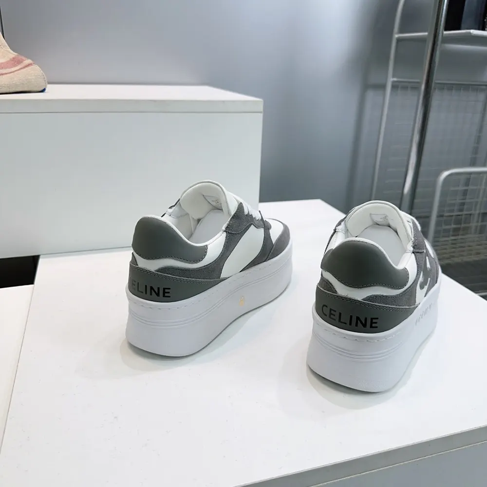 Celine Women Block Wedge Sneaker With Triomphe Patch In Calfskin And Suede Calfskin-Gray