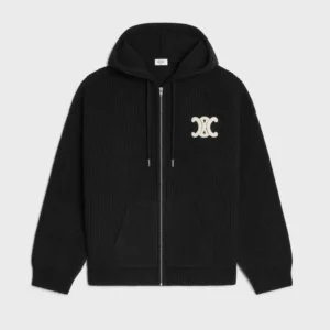 Celine Women Hooded Cardigan in Ribbed Wool-Black RY0JF0ZTQ