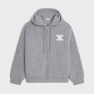 Celine Women Hooded Cardigan In Ribbed Wool-Grey RY0JF0ZTQ