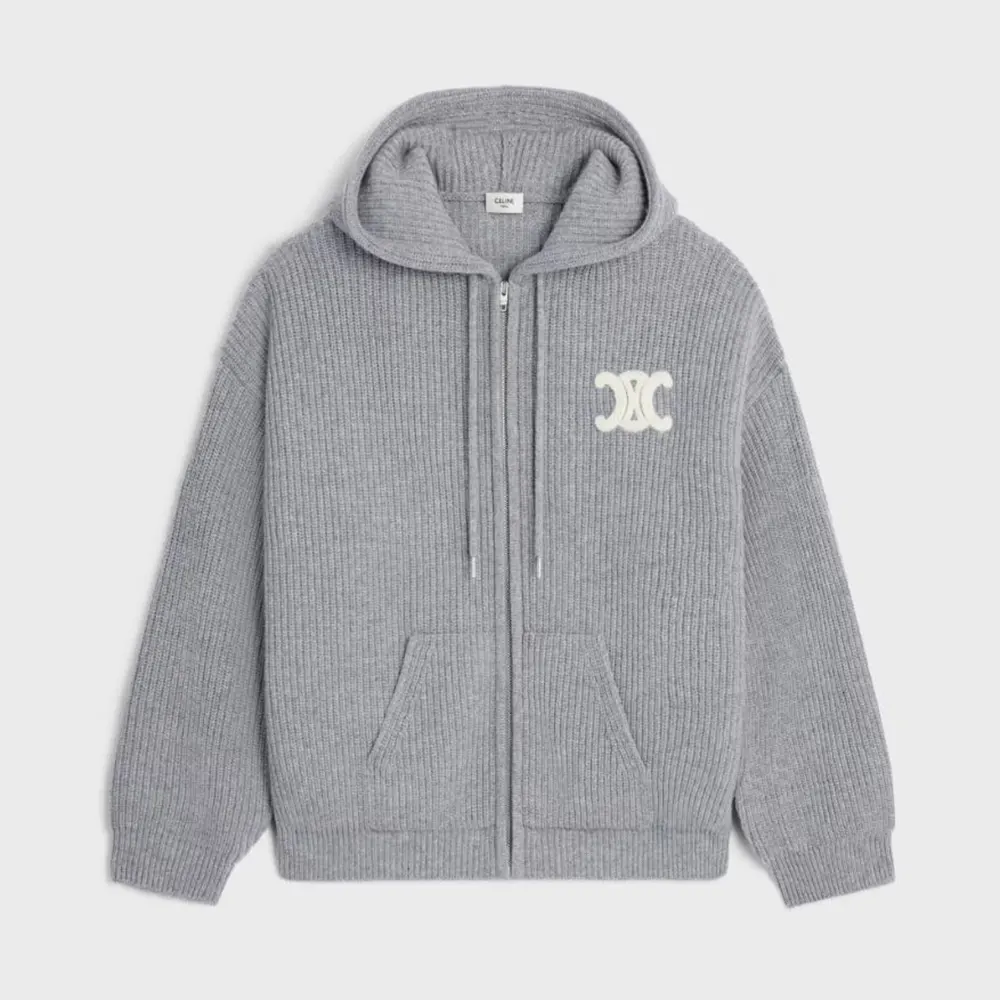 Celine Women Hooded Cardigan In Ribbed Wool-Grey RY0JF0ZTQ