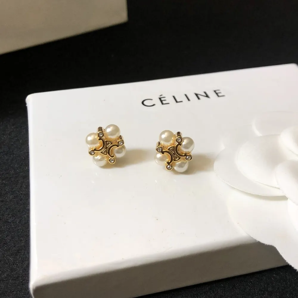Celine Women Les Perles Celine Studs in Strass esin Pearls and Brass with Gold Finish