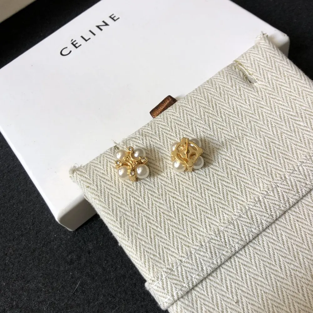 Celine Women Les Perles Celine Studs in Strass esin Pearls and Brass with Gold Finish