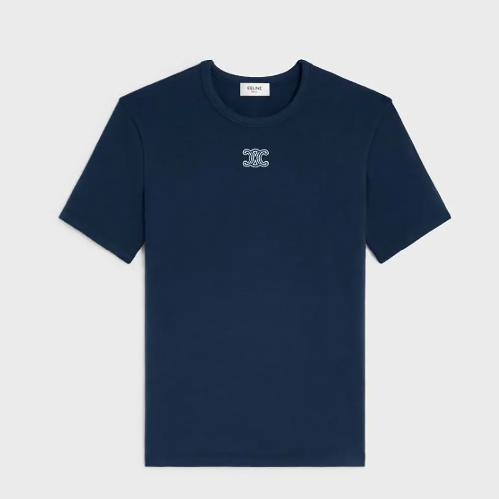 Celine Women Triomphe T-Shirt In Ribbed Cotton Jersey-Navy RX0IX1407