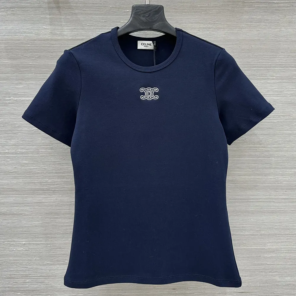 Celine Women Triomphe T-Shirt In Ribbed Cotton Jersey-Navy RX0IX1407