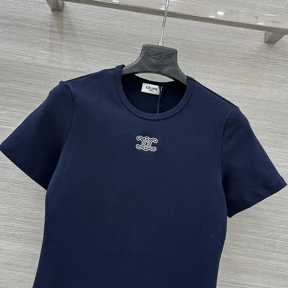 Celine Women Triomphe T-Shirt In Ribbed Cotton Jersey-Navy RX0IX1407