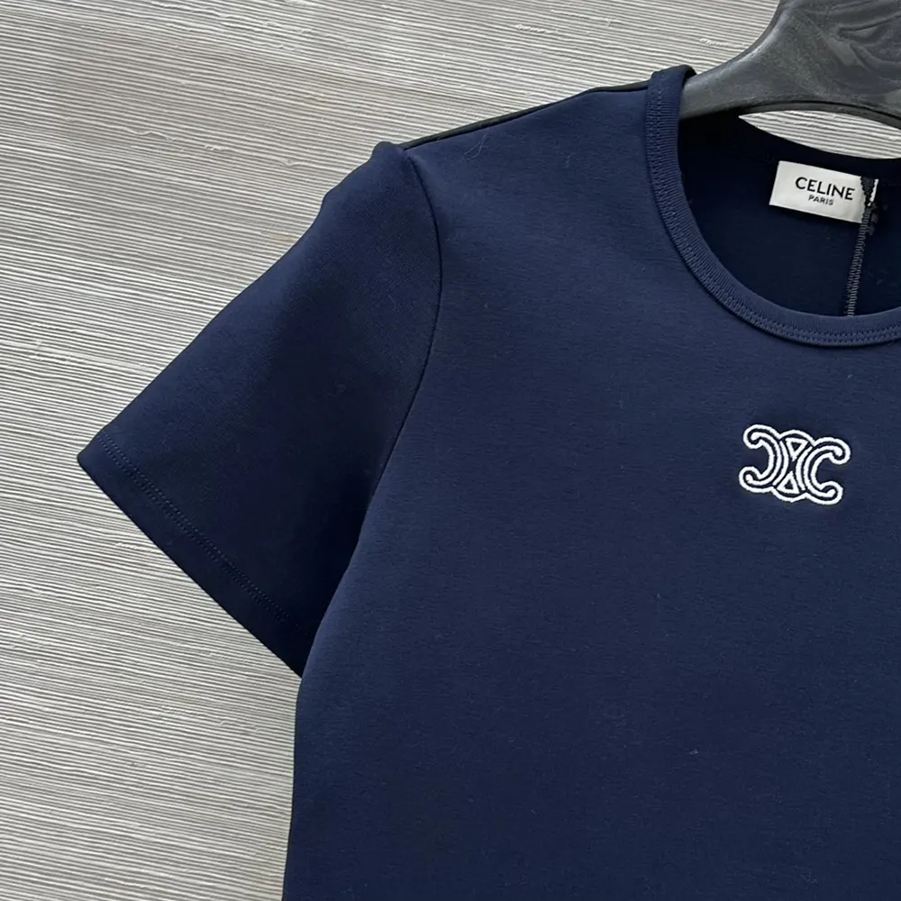 Celine Women Triomphe T-Shirt In Ribbed Cotton Jersey-Navy RX0IX1407
