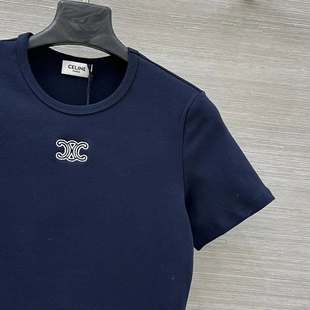 Celine Women Triomphe T-Shirt In Ribbed Cotton Jersey-Navy RX0IX1407