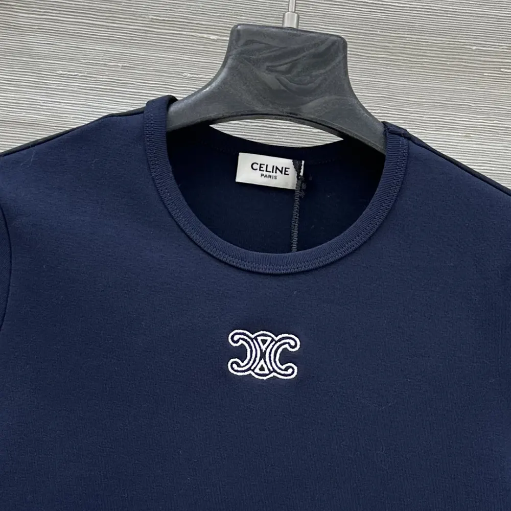 Celine Women Triomphe T-Shirt In Ribbed Cotton Jersey-Navy RX0IX1407