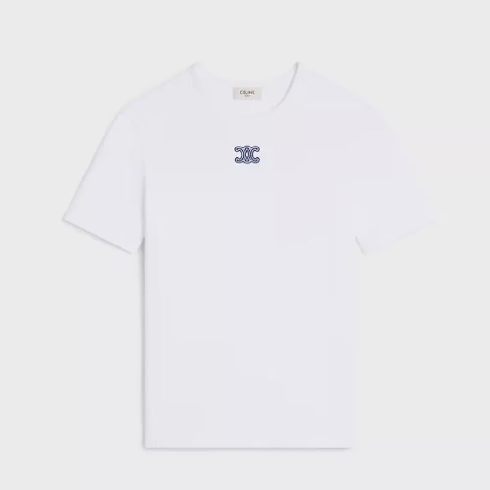 Celine Women Triomphe T-Shirt In Ribbed Cotton Jersey-White RX0IX1407