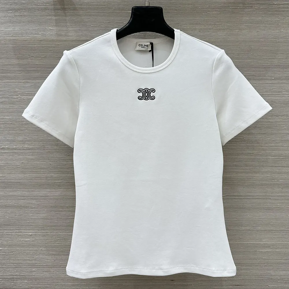 Celine Women Triomphe T-Shirt In Ribbed Cotton Jersey-White RX0IX1407