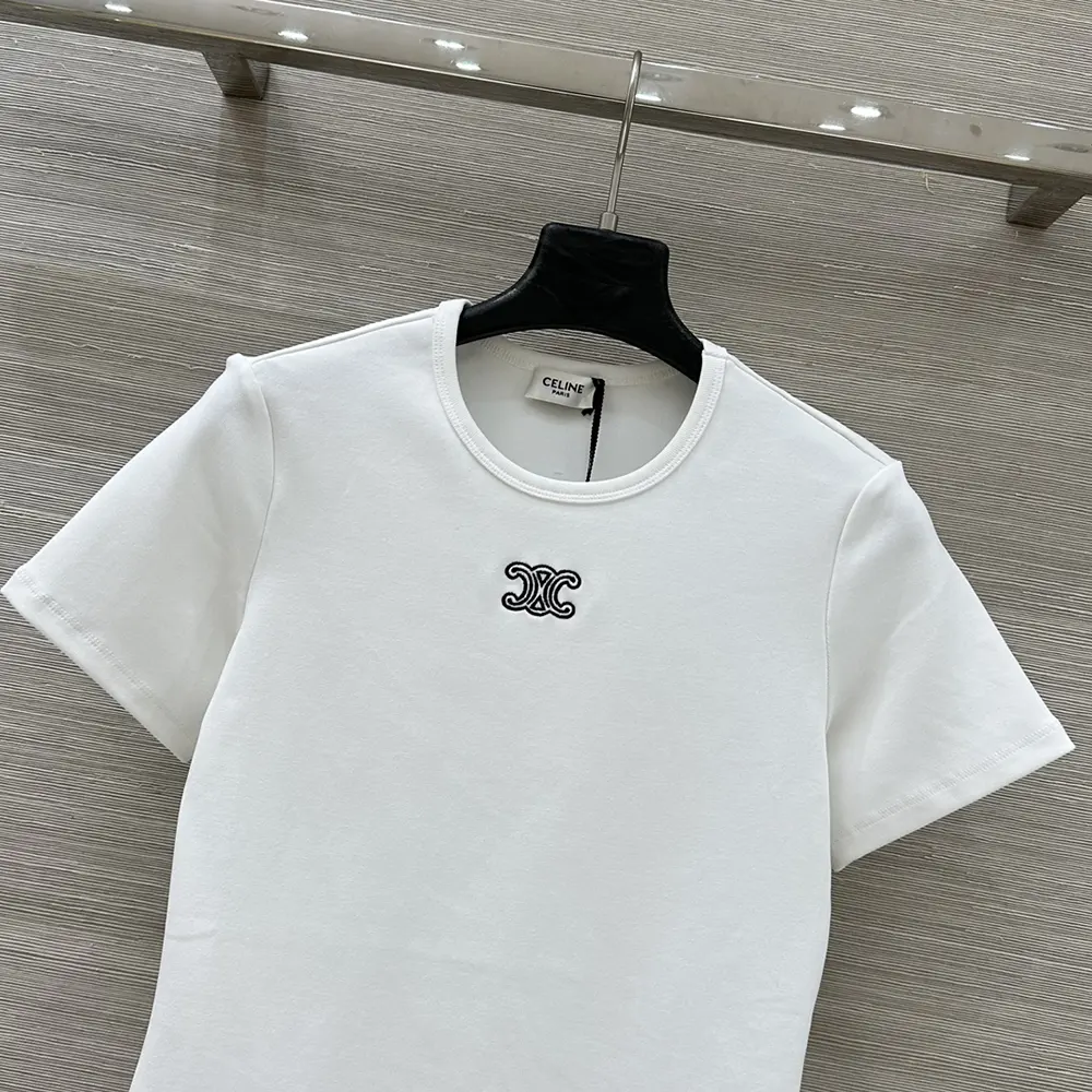 Celine Women Triomphe T-Shirt In Ribbed Cotton Jersey-White RX0IX1407