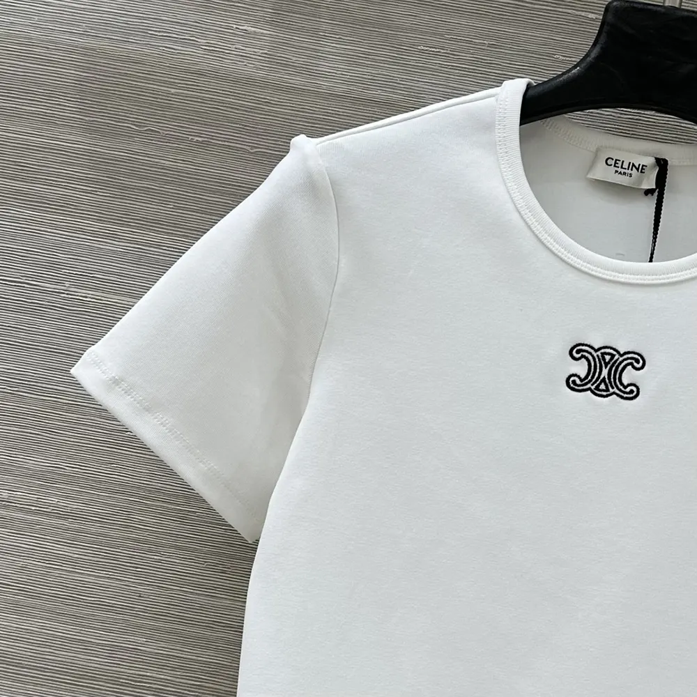 Celine Women Triomphe T-Shirt In Ribbed Cotton Jersey-White RX0IX1407