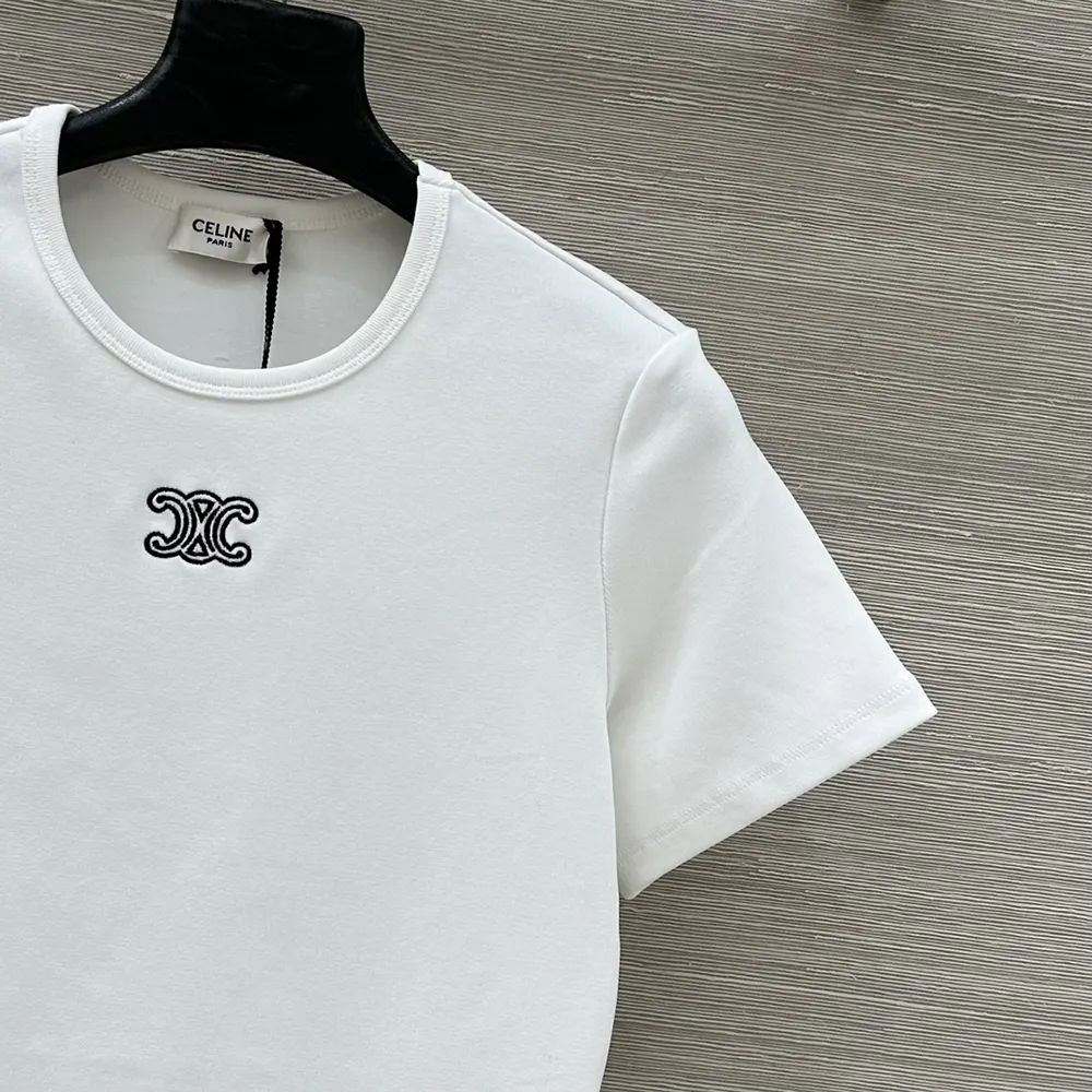 Celine Women Triomphe T-Shirt In Ribbed Cotton Jersey-White RX0IX1407