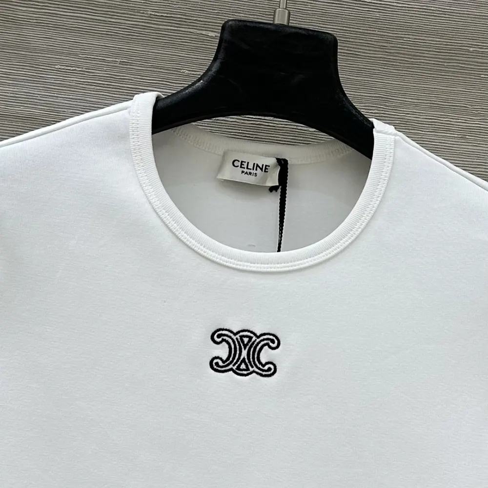 Celine Women Triomphe T-Shirt In Ribbed Cotton Jersey-White RX0IX1407