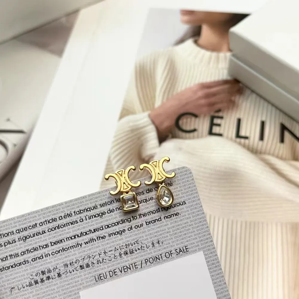 Celine Women Triomphe Twinkle Earrings in Strass and Brass with Gold Finish