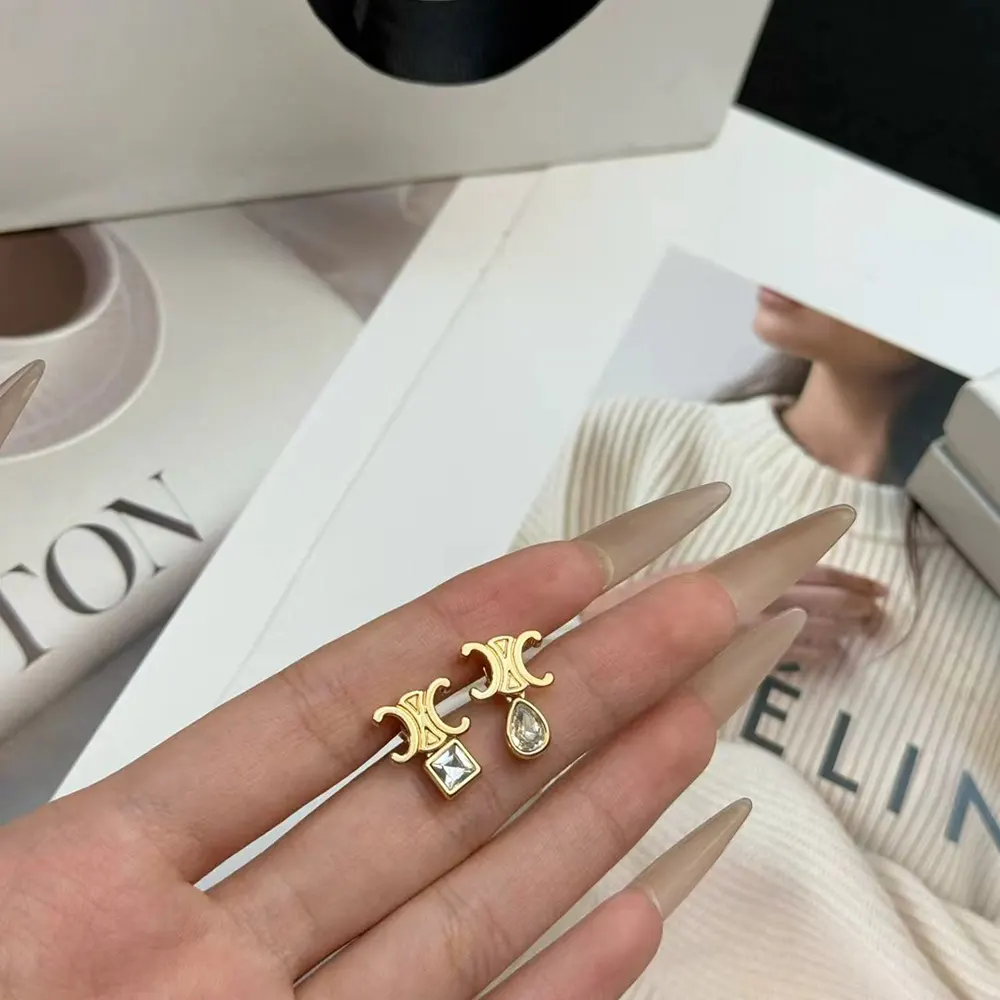 Celine Women Triomphe Twinkle Earrings in Strass and Brass with Gold Finish