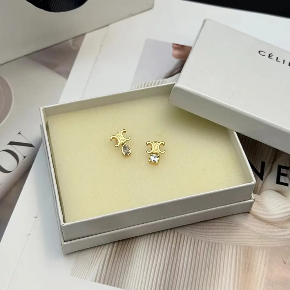 Celine Women Triomphe Twinkle Earrings in Strass and Brass with Gold Finish