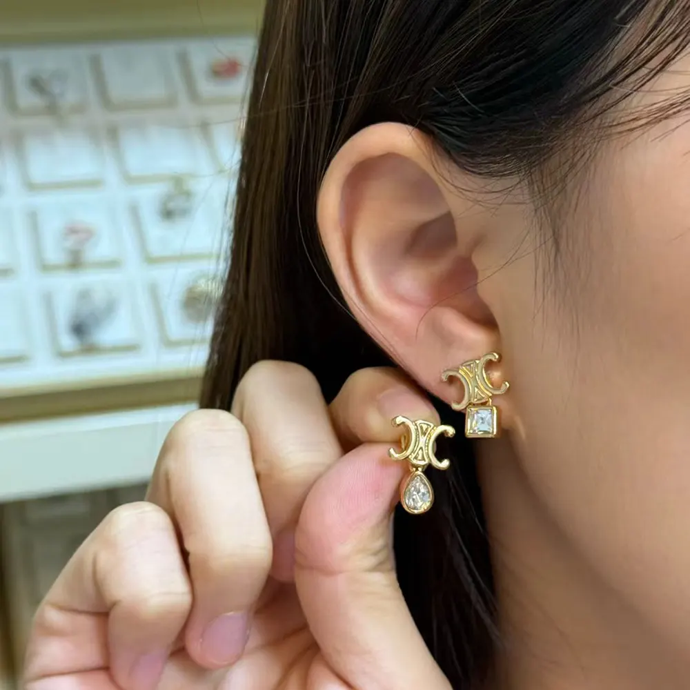 Celine Women Triomphe Twinkle Earrings in Strass and Brass with Gold Finish