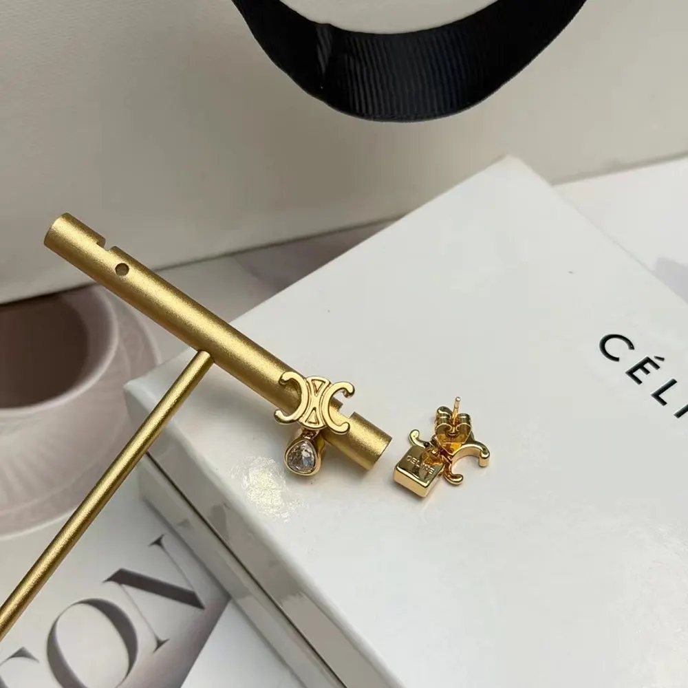 Celine Women Triomphe Twinkle Earrings in Strass and Brass with Gold Finish