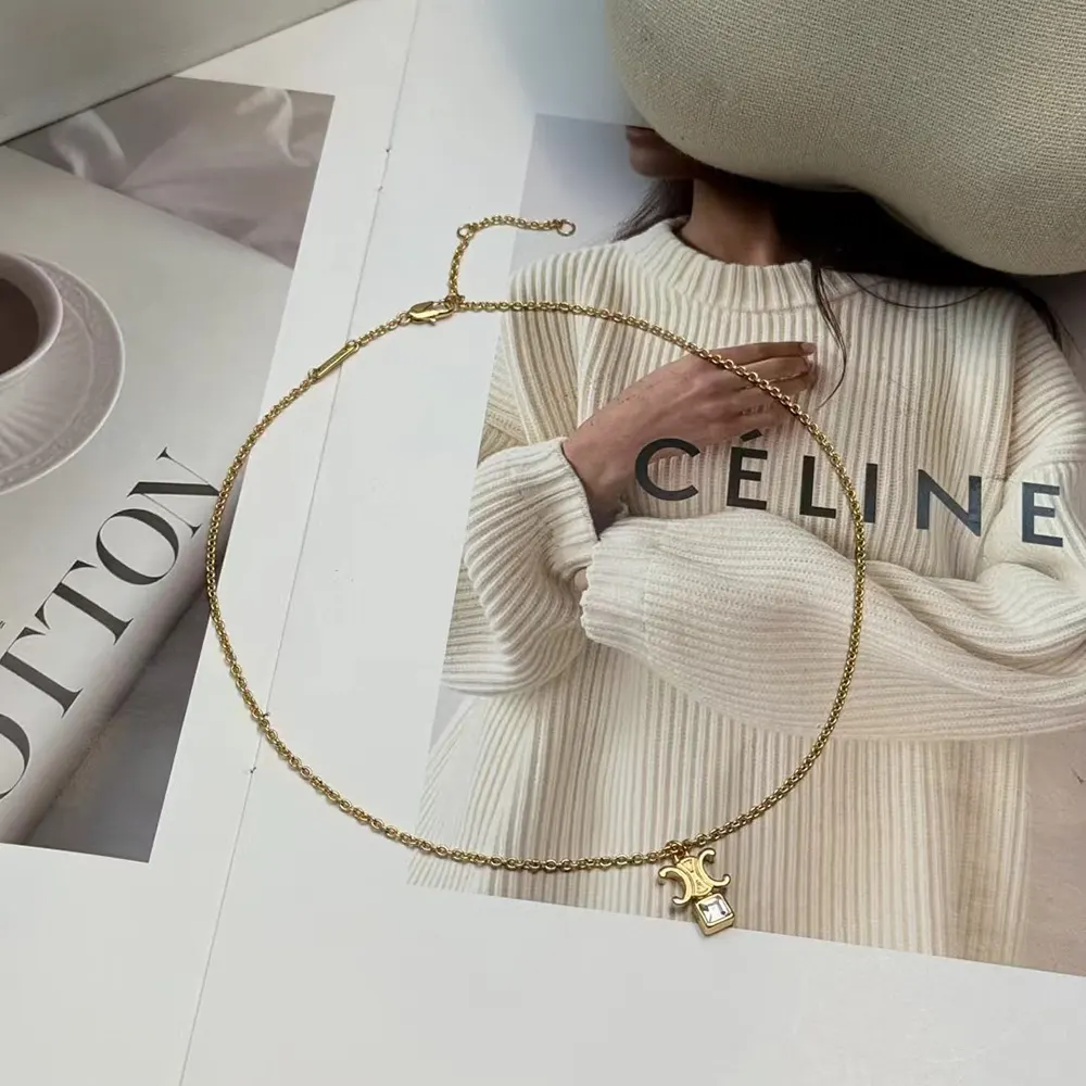 Celine Women Triomphe Twinkle Necklace in Strass and Brass with Gold Finish